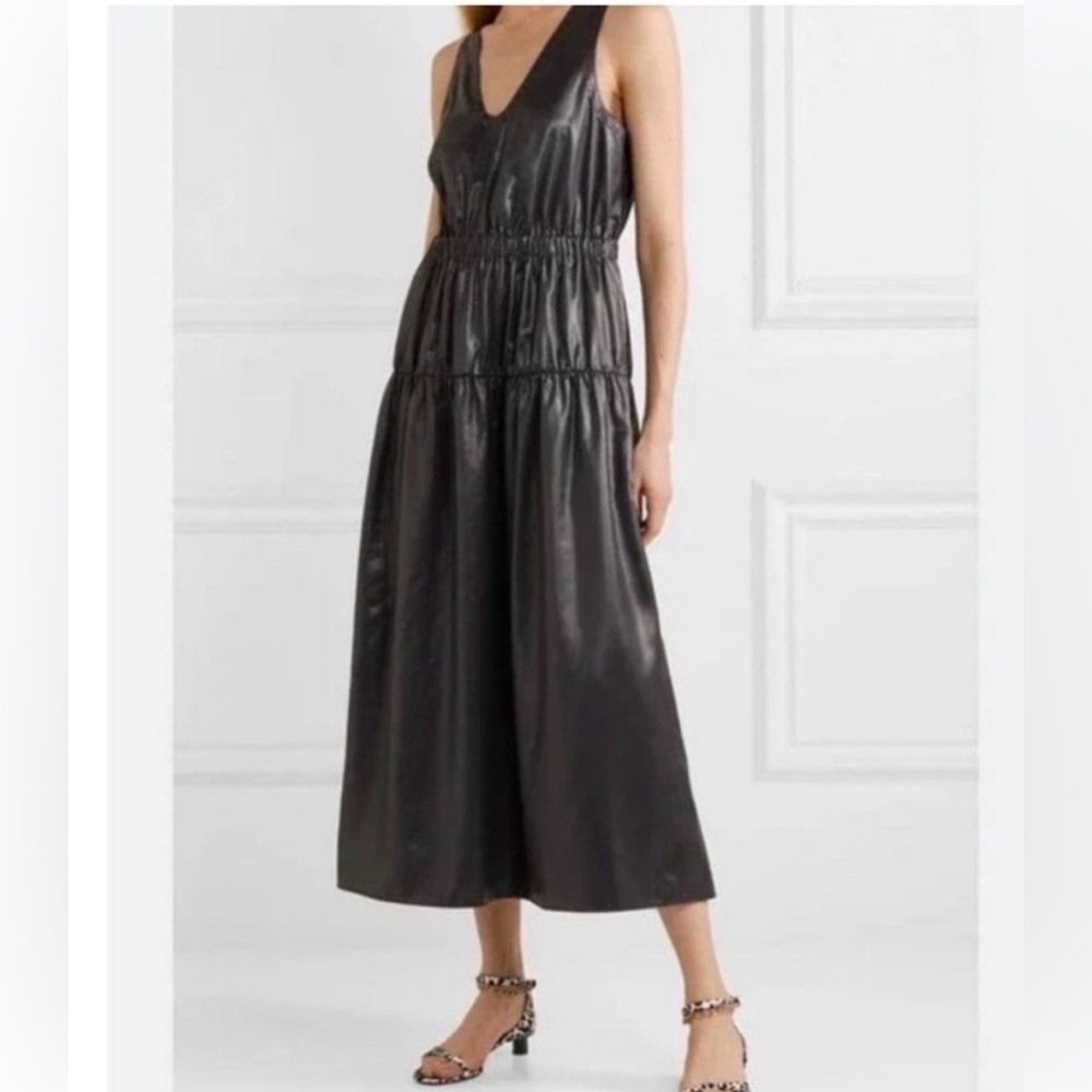 TIBI Gray Liquid Tiered V-Neck Midi Dress